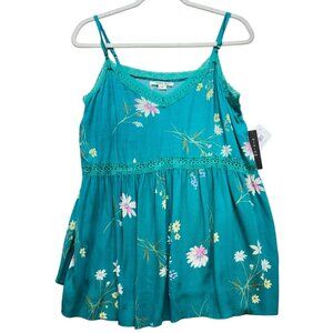 ONeill Womens Babydoll Lace-Trimmed Spaghetti Strap Top M Teal Flora